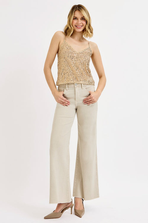 Tummy Control Wide Leg Palazzo Jeans-Almond