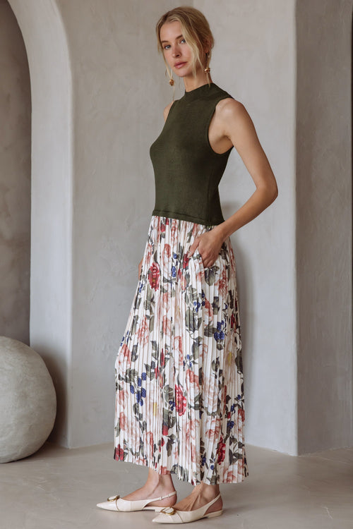 Pleated Floral Midi Dress
