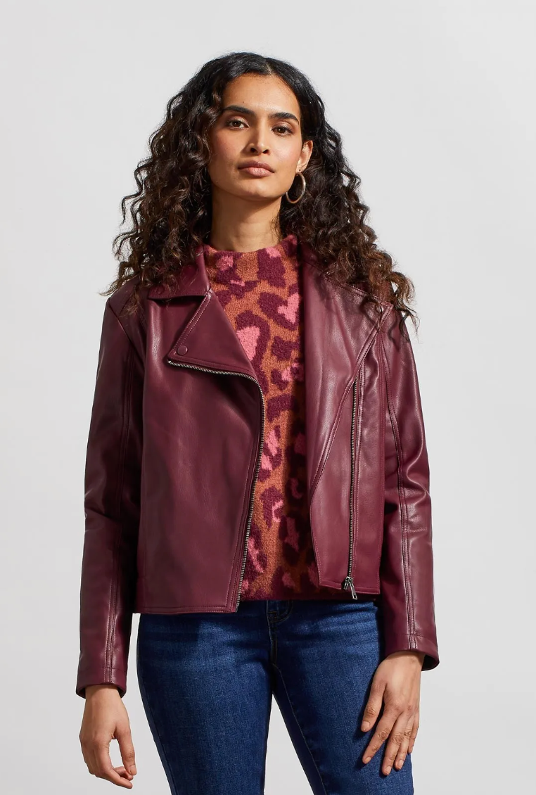Burgundy faux leather biker 2025 jacket
