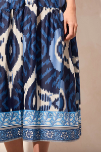 Blue Printed Tie Shoulder Midi Dress