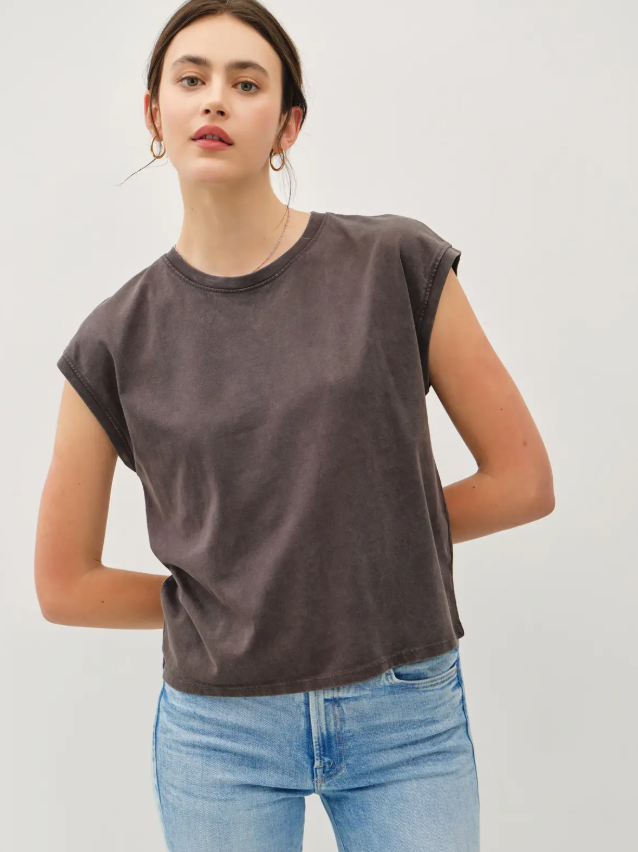 Acid Wash Cap Sleeve Tee-Charcoal