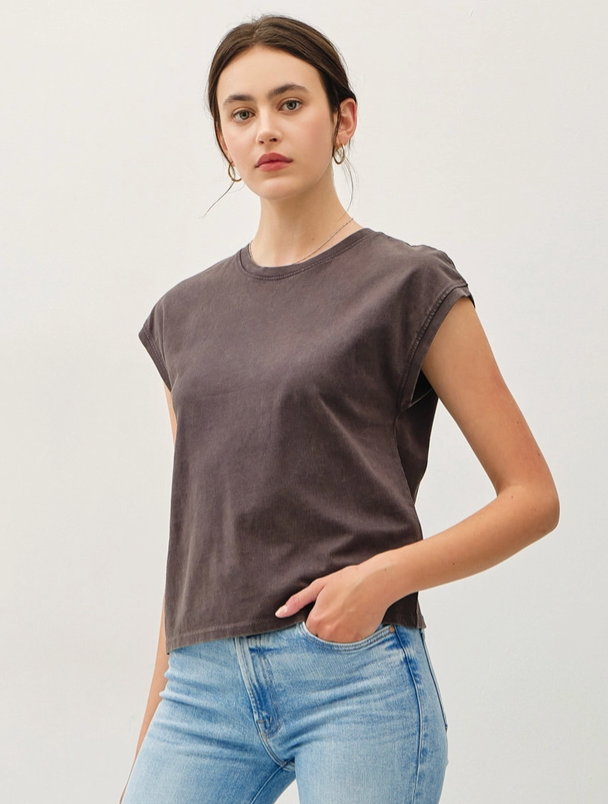 Acid Wash Cap Sleeve Tee-Charcoal