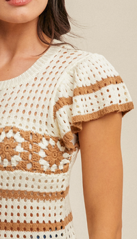 Crochet Ruffle Sweater-Off White/Tan
