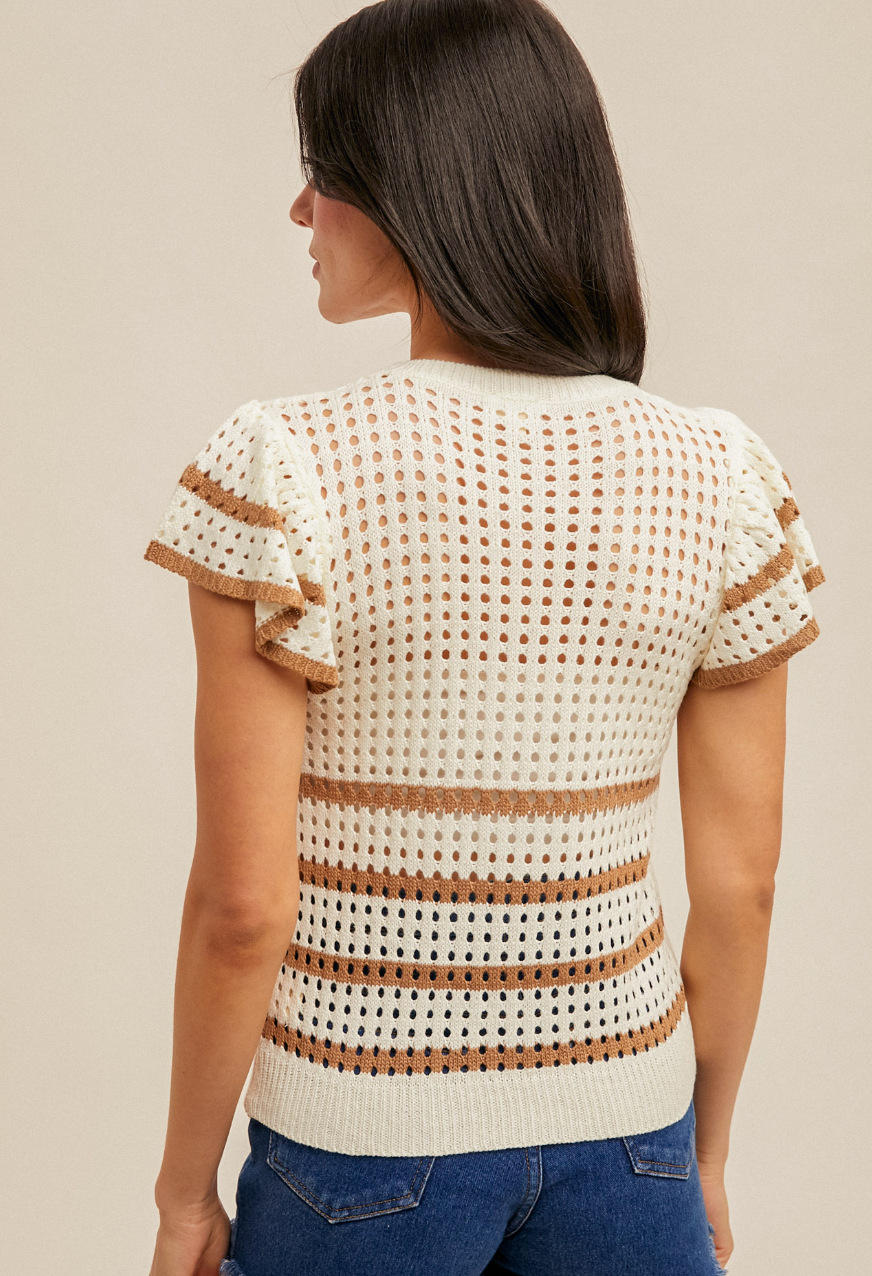 Crochet Ruffle Sweater-Off White/Tan