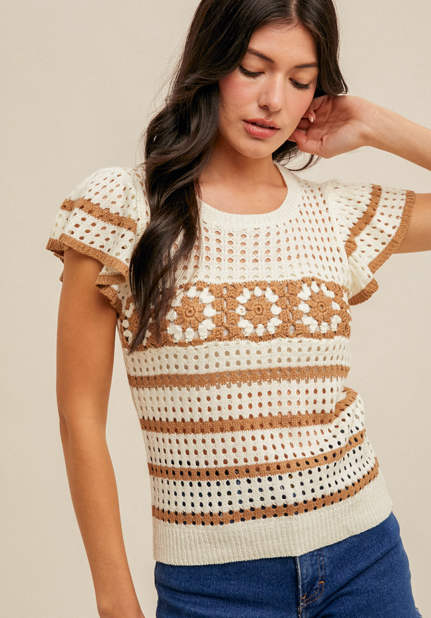 Crochet Ruffle Sweater-Off White/Tan