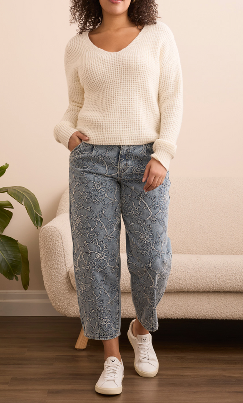 Tribal Drop Shoulder V-Neck Sweater Cream