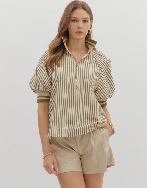 Striped Half Zip Blouse-Olive