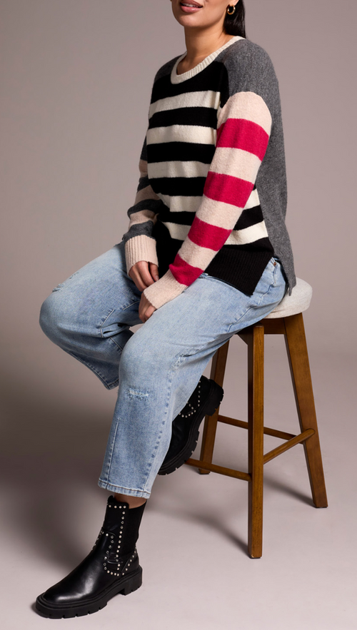Tribal L/S Boat Neck Stripe Sleeve Sweater Black