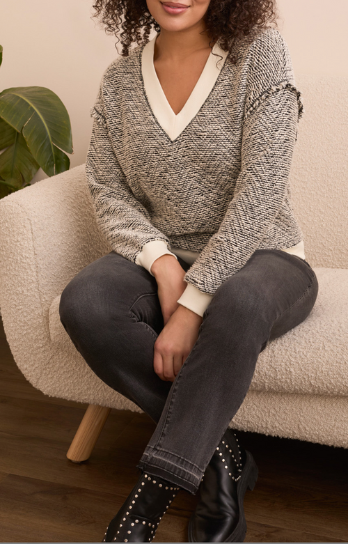 Tribal V-Neck Top w/Combo Rib Detail