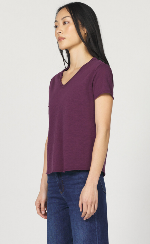 V Neck Raw Hem Tee-Fig