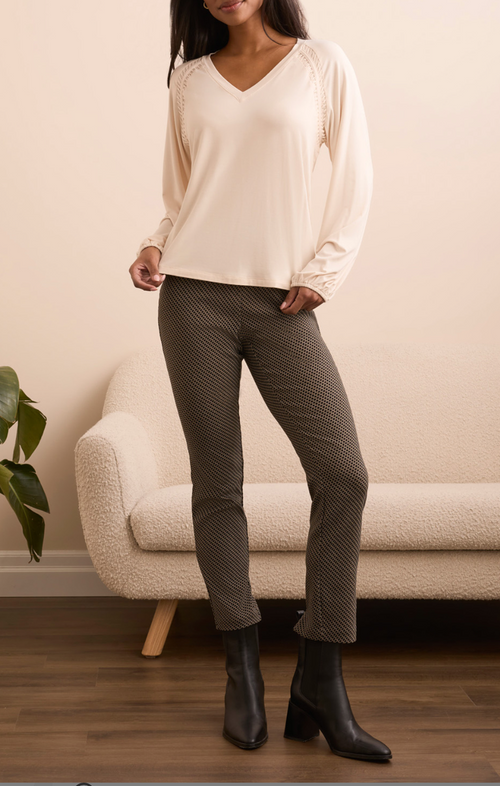 Tribal L/S V-Neck Top w/Pleating Detail