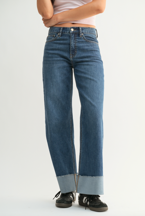 Cuffed Wide Ankle Jeans-Dark Wash