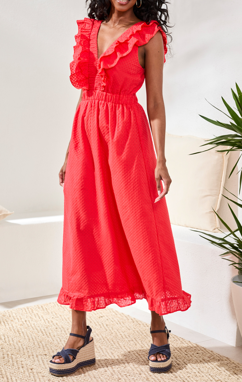 Cotton Maxi Dress With Back Cutout-Coralred XS