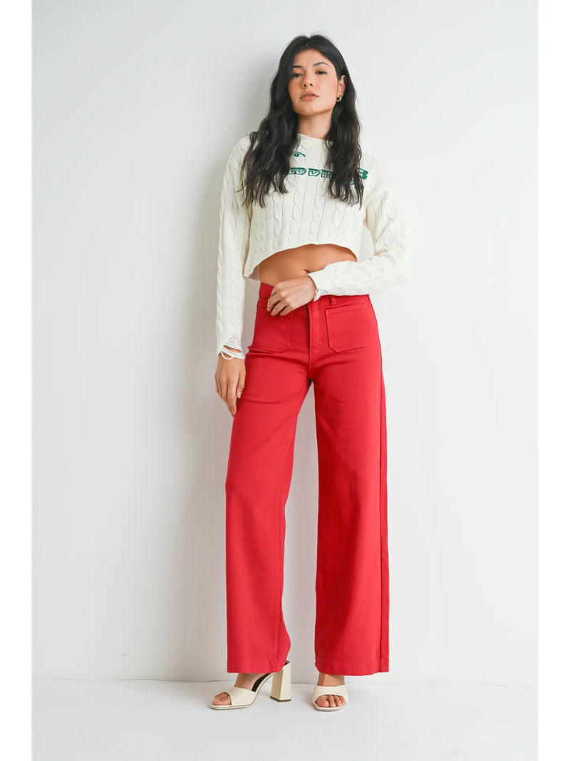 Patch Pocket Wide Leg-Red