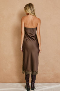 Satin Strapless Lace Hem Midi Dress-Chocolate