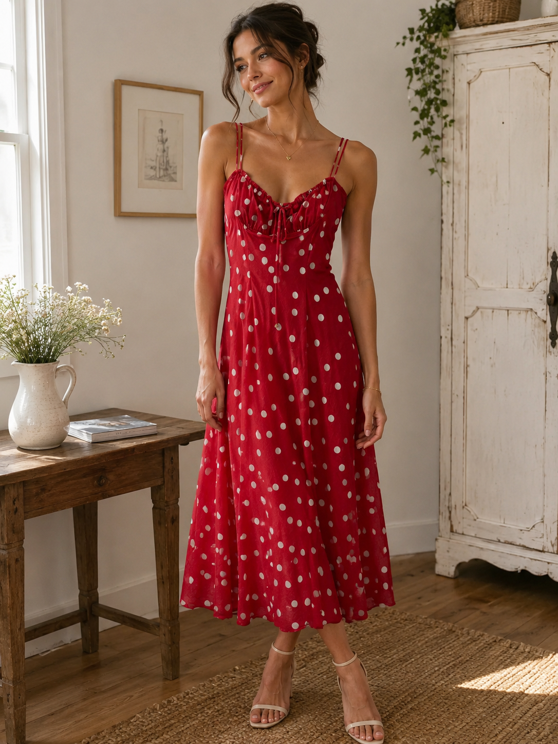 Polka Dot Ruched Bust Slit Dress-Red