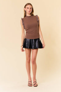 Leather Ruffle Edge Tank Top-Mocha
