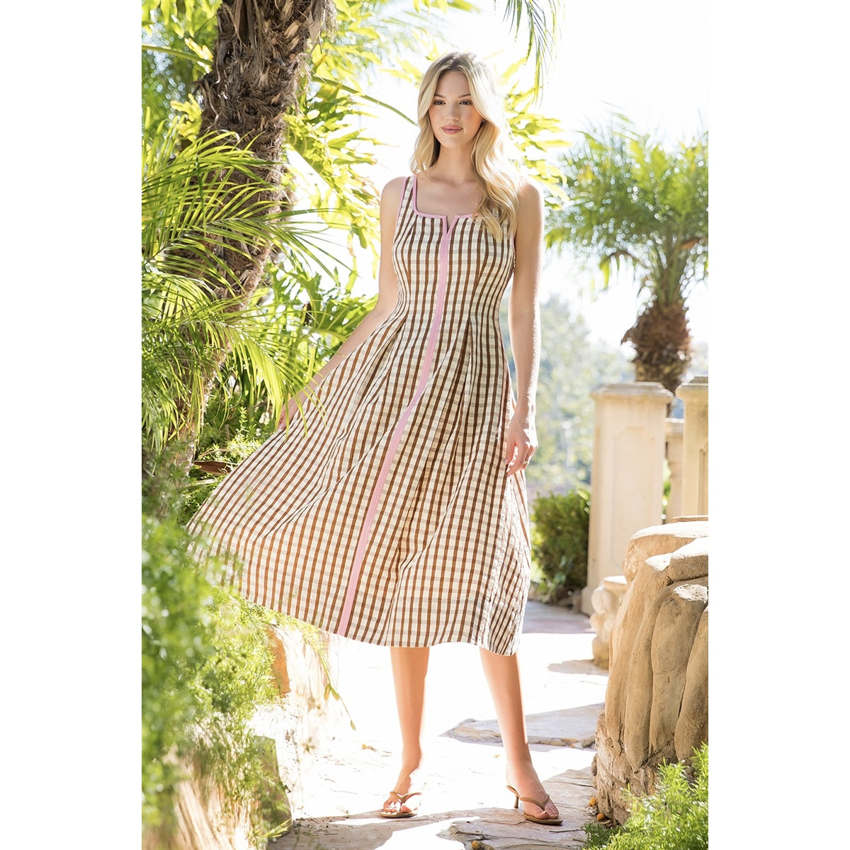 THML Gingham Midi Dress-Brown/Pink WCT3583 Medium