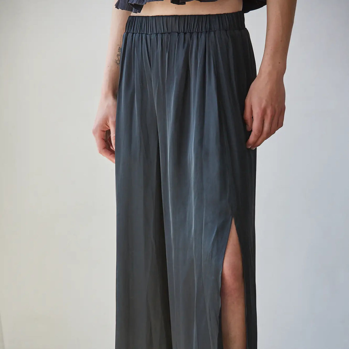 Satin Wide Leg Pants-Black