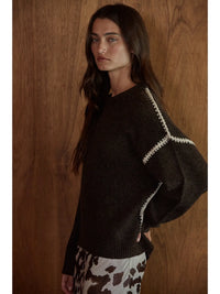 Stitch Detailed Crew Neck Sweater-Chocolate