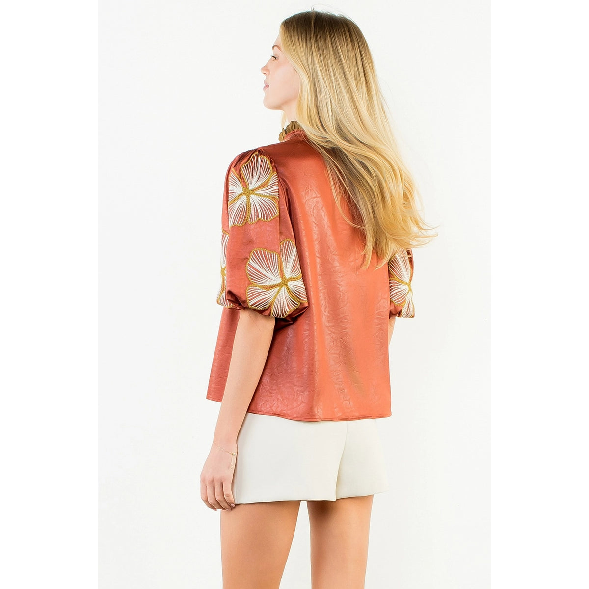 Shiny Floral Embroidered Top-Rust