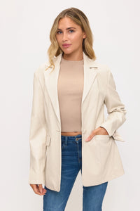 Boardroom Rebel Leather Blazer-Cream