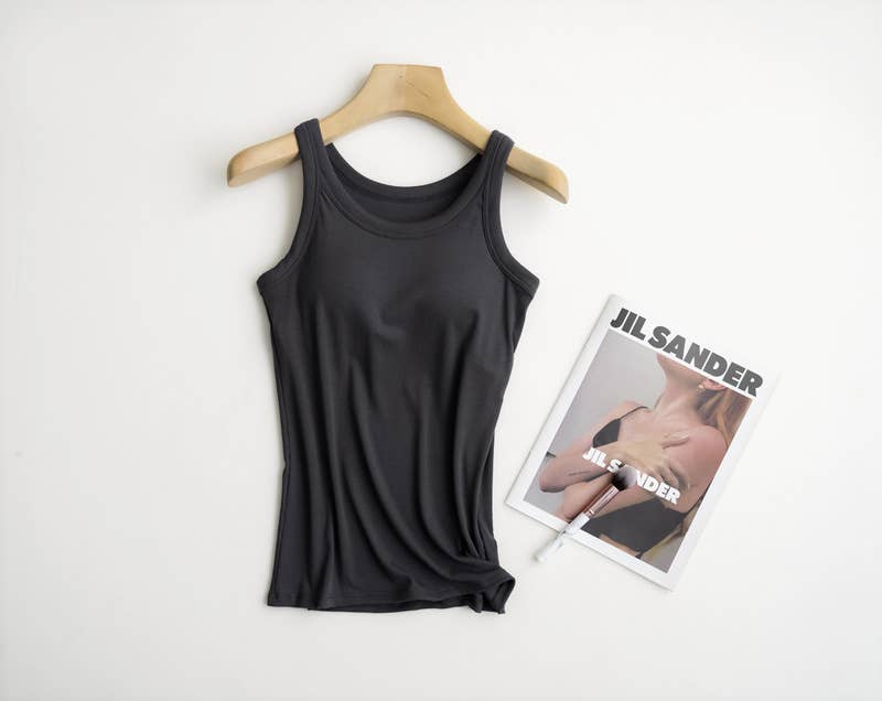 Rib tank top w built in bra -Charcoal