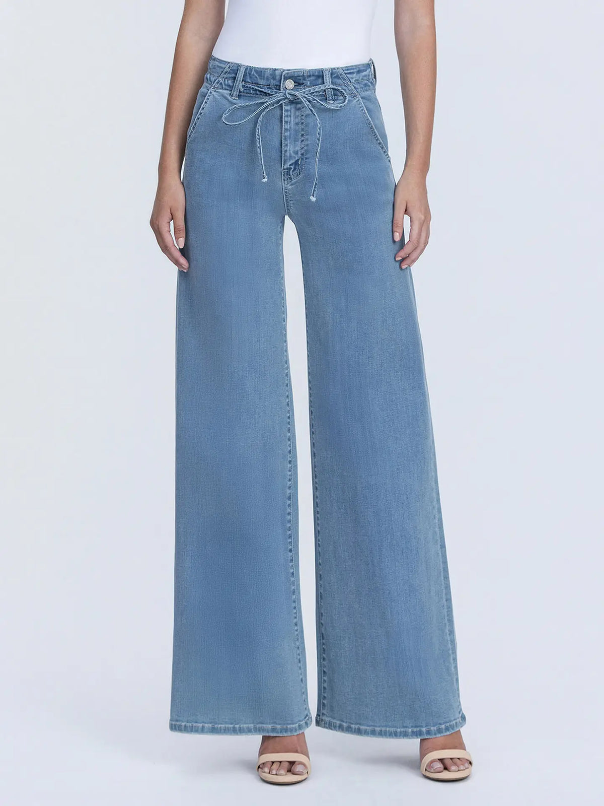 Tie Waist Palazzo Jeans-Medium Wash