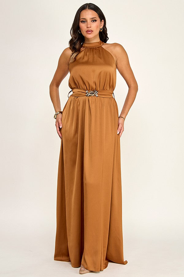 Halter Belted Maxi Dress-Butterscotch