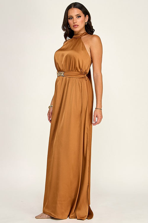 Halter Belted Maxi Dress-Butterscotch