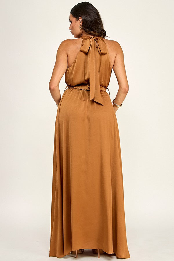 Halter Belted Maxi Dress-Butterscotch