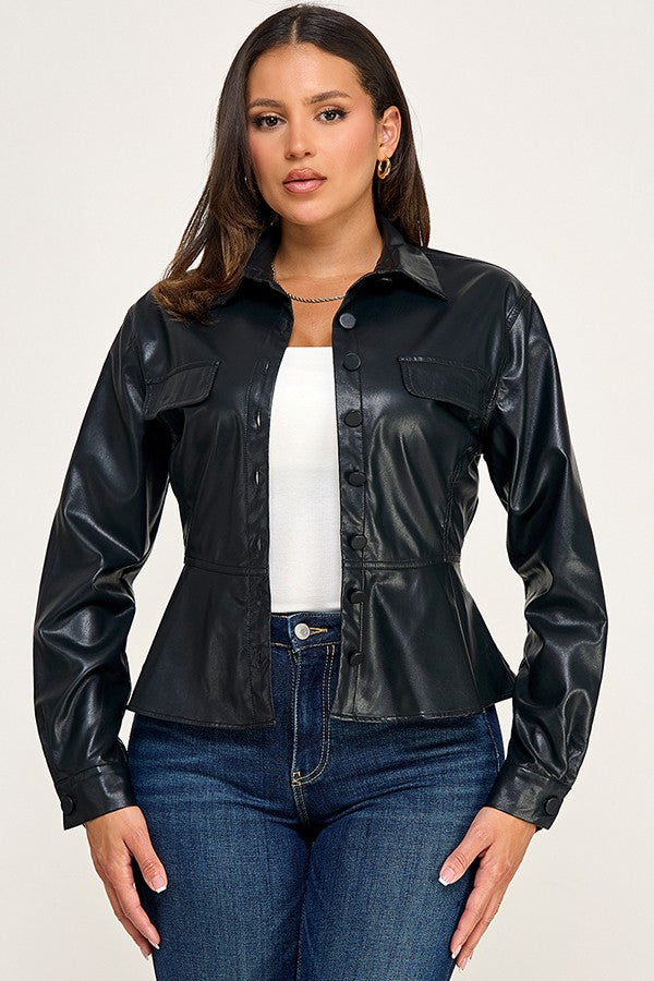 Leather Like Peplum Top/Jacket-Black