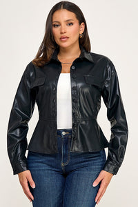 Leather Like Peplum Top/Jacket-Black
