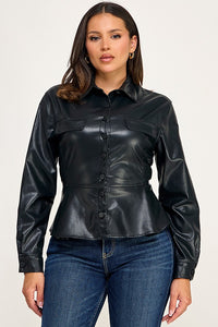 Leather Like Peplum Top/Jacket-Black