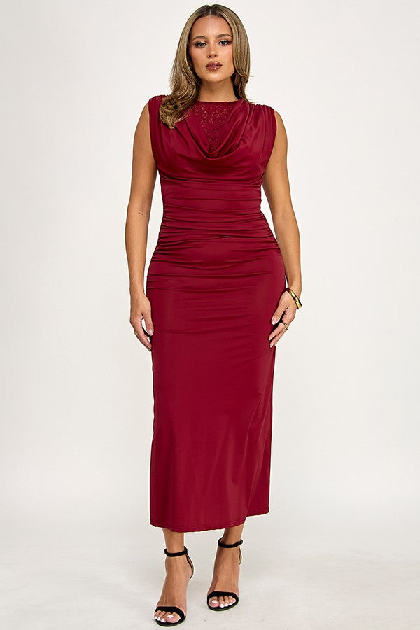 Cowl Neck Lace Detail Ruched Midi Dress-Red