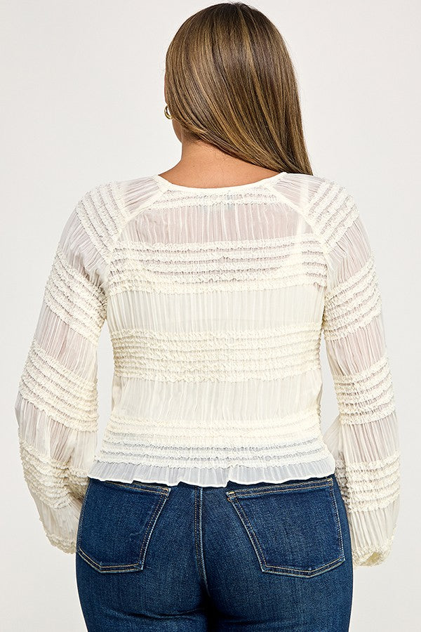 Elastic Ruched Frill Top-Ivory