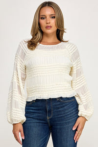 Elastic Ruched Frill Top-Ivory