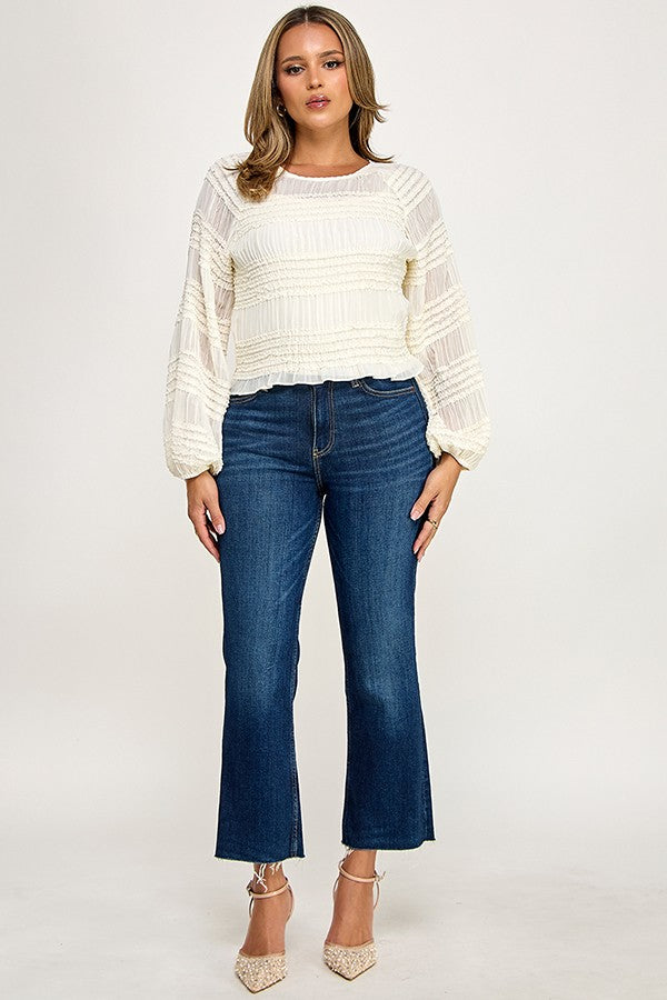 Elastic Ruched Frill Top-Ivory