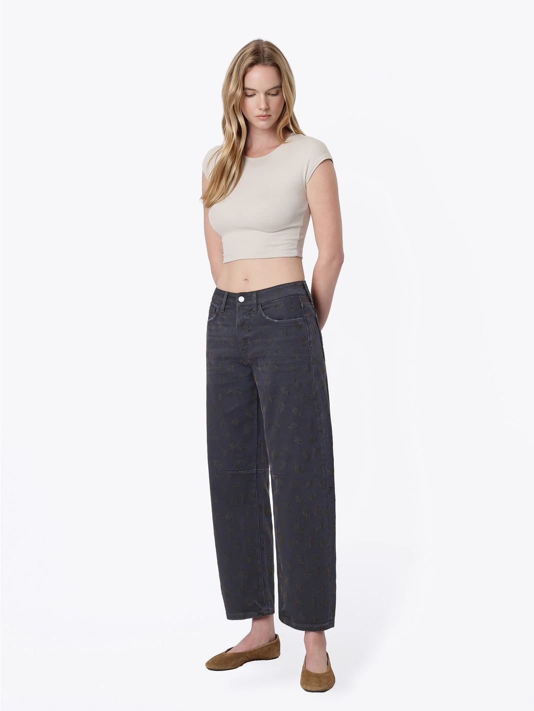 Black Floral Flocked Barrel Jeans