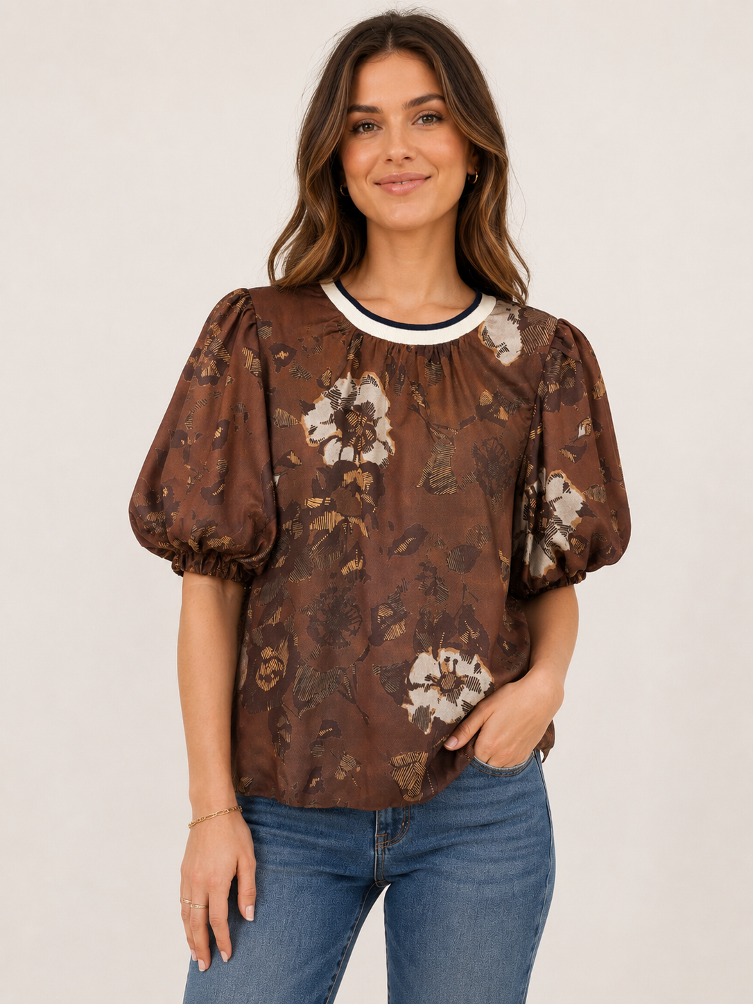 Puff Sleeve Floral Top-Brown