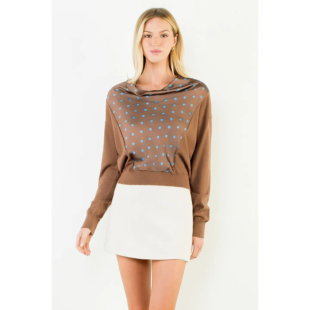 Cowl Neck Polka Dot Top-Brown