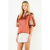 Shiny Floral Embroidered Top-Rust