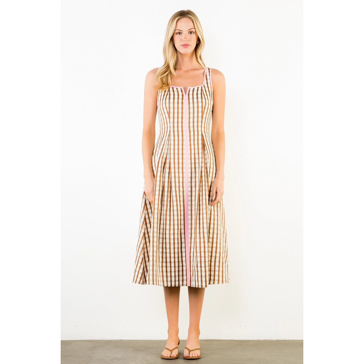 THML Gingham Midi Dress-Brown/Pink