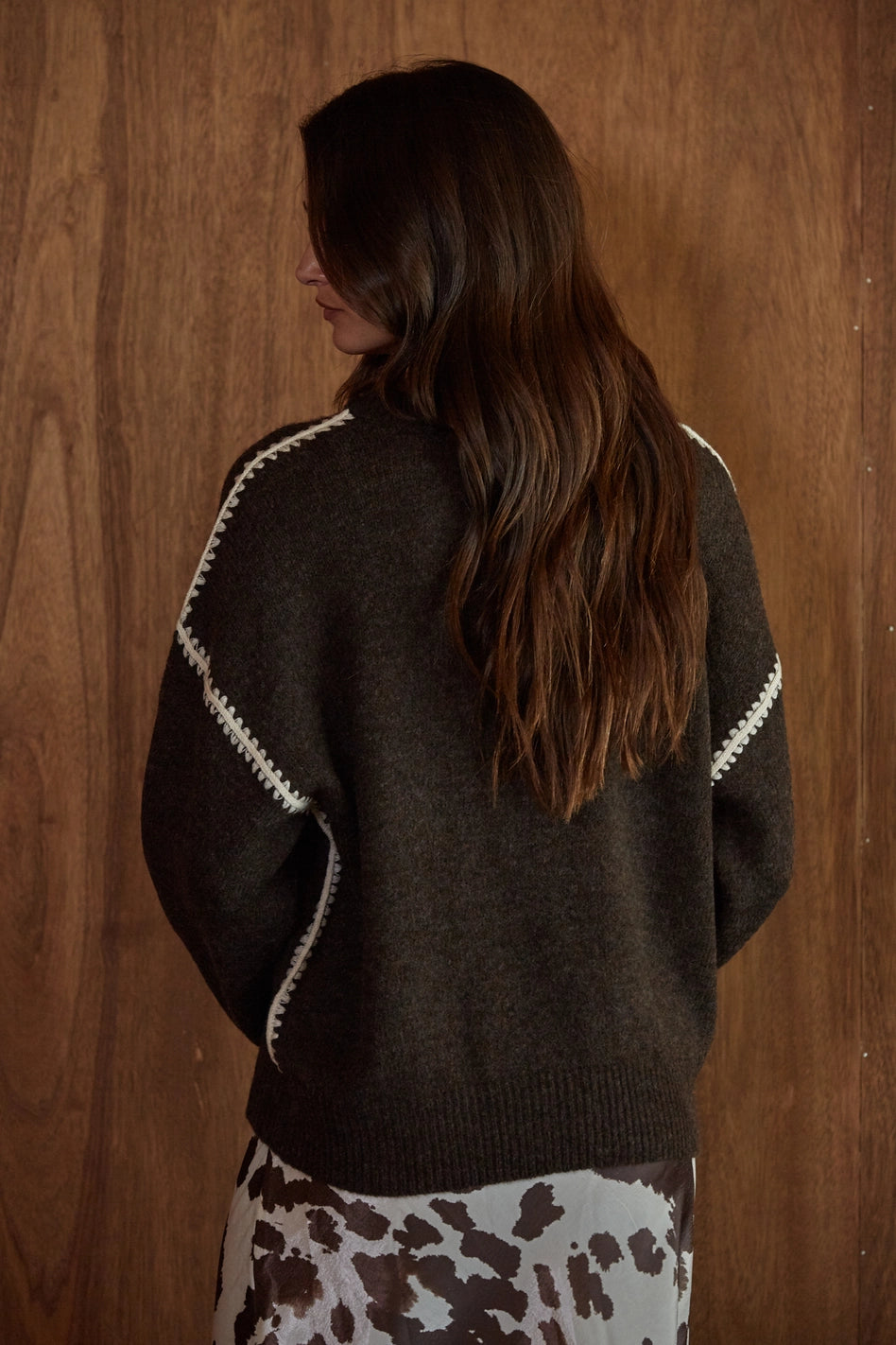 Stitch Detailed Crew Neck Sweater-Chocolate