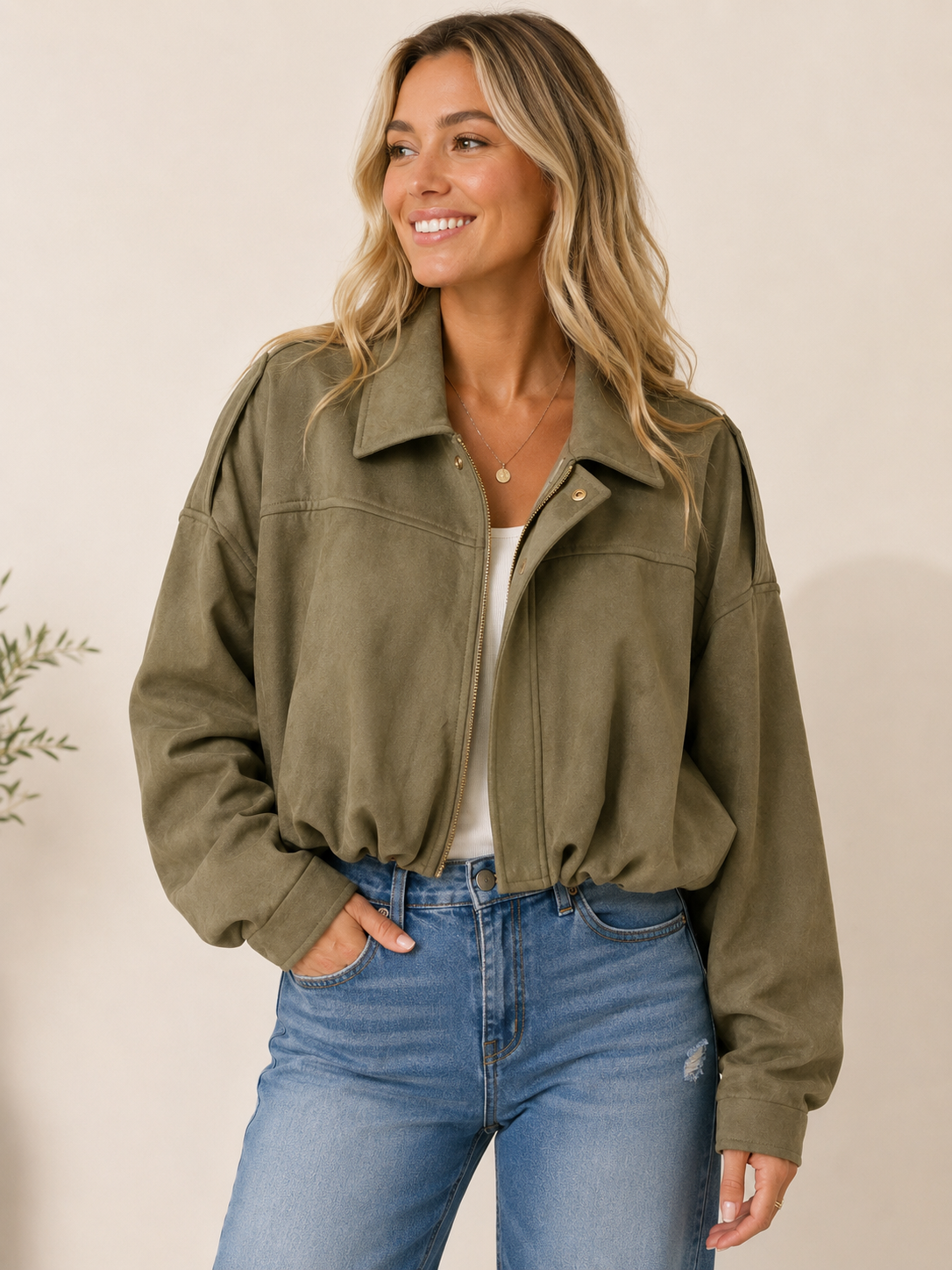 Bubble Hem Jacket-Olive