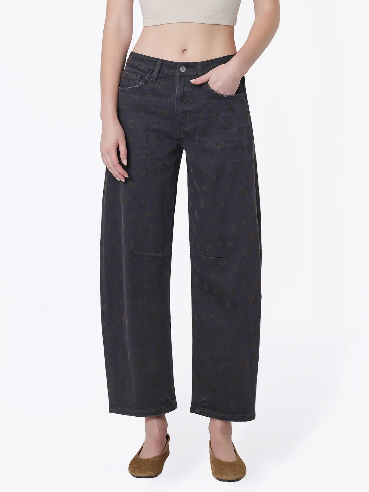 Black Floral Flocked Barrel Jeans