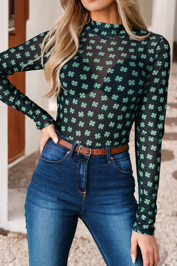 Shamrock Printed Mesh Bodysuit