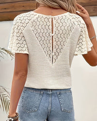 Casual V-Neck Lace Loose Knit Top-Beige