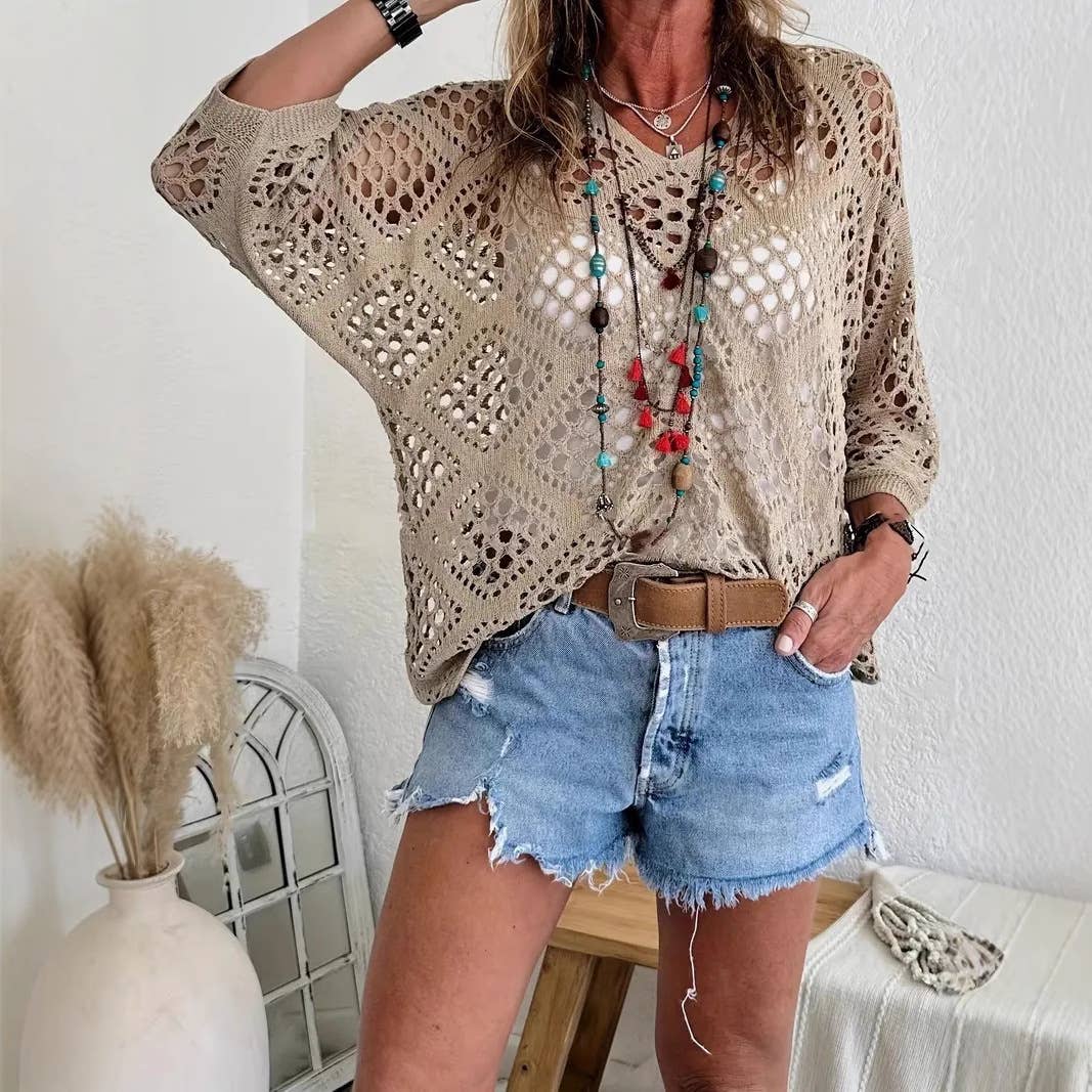 Open Knit Bat sleeve Top-Khaki