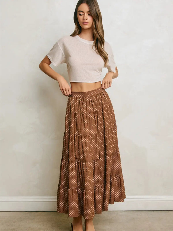 Tiered Polka Dot Maxi Skirt-Brown